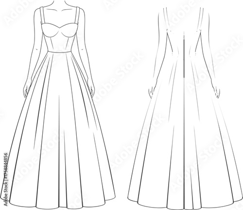 Long evening dress fashion flat sketch, front and back view, vector illustration for women’s formalwear design, technical drawing, gown template design.