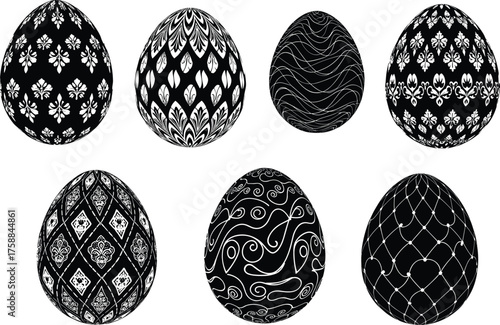 Black Easter eggs, white pattern, floral design, teardrop motif, wave texture, geometric art, spring decoration, traditional craft, holiday symbol, ornate style