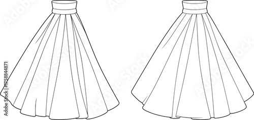Long skirt fashion illustration, pleated and smooth design, technical flat sketch, front view comparison, formal garment vector, apparel template for designers