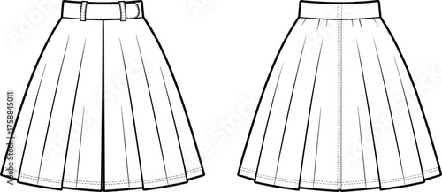 Pleated skirt fashion illustration, technical flat sketch, waistband with belt loops, front view comparison, garment design template, vector for designers