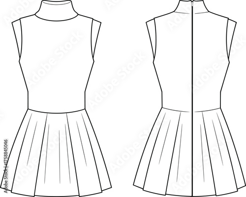 Sleeveless dress fashion illustration, pleated skirt technical sketch, front and back view, zipper detail, high neckline, garment design, vector template