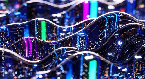 Abstract futuristic cityscape with wavy glass surfaces