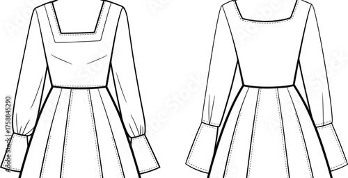Square neckline puff sleeve dress illustration, front and back technical view, flared skirt, fitted bodice, fashion design, garment construction vector