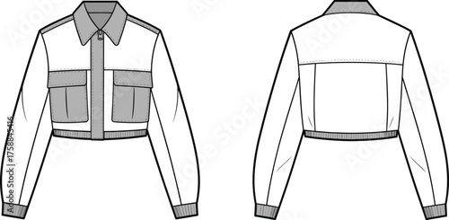 Technical fashion illustration of cropped jacket, front and back view, button closure, flap pockets, pointed collar, garment sketch, apparel design vector