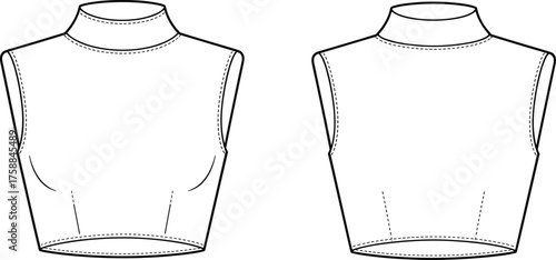Technical fashion illustration of sleeveless high-neck cropped top, front view design with darts and seam lines, garment construction vector template