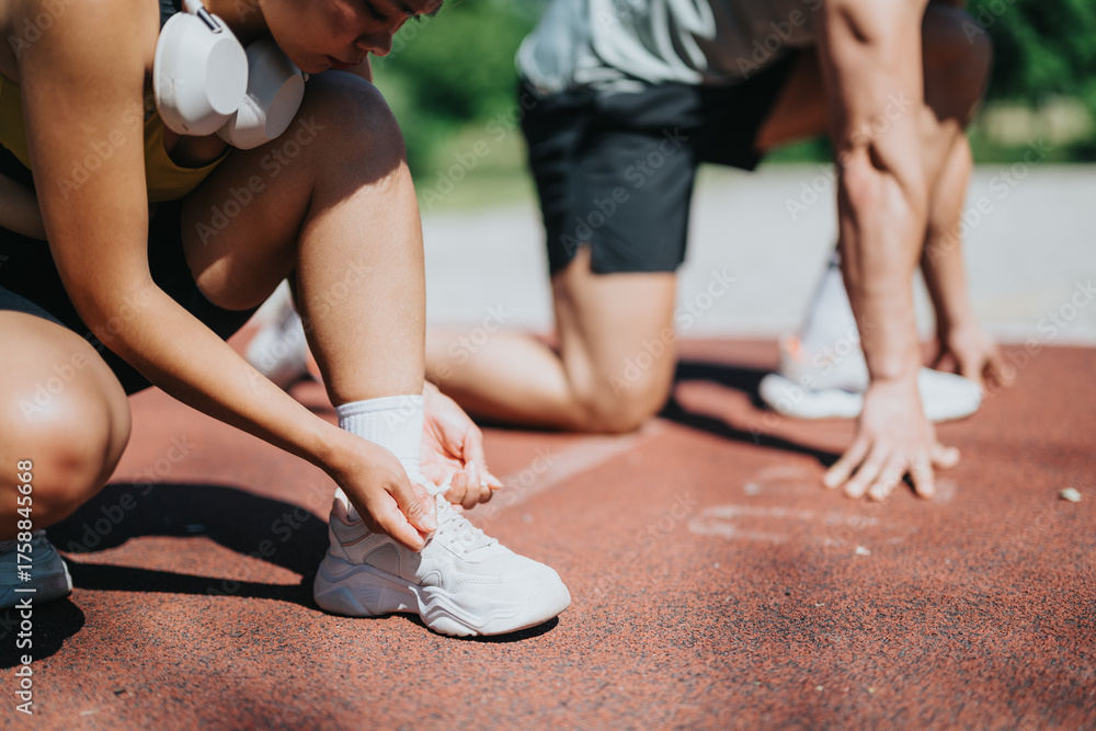 Naklejka premium Focused individuals preparing for a running session on a track, showcasing determination, teamwork, and outdoor fitness routines in a sunny and energetic park environment.