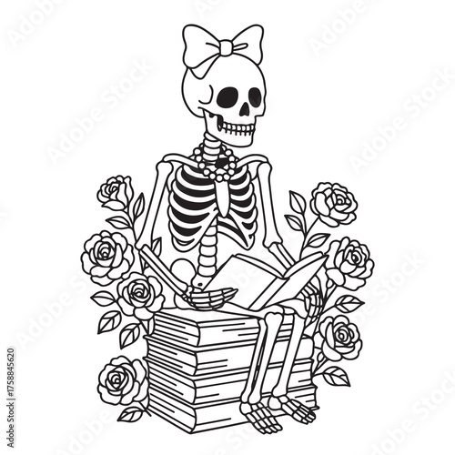 Cute skeleton with a bow and pearls reads atop a stack of books, surrounded by roses. Linear black and white illustration in cartoon style