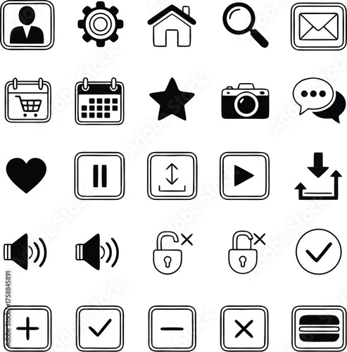 A set of sixteen white minimalistic line icons on a black background, including profile, search, star, heart, sound, music, and menu icons