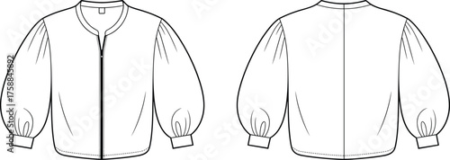 Technical fashion sketch of puff sleeve blouse, front and back view, round neckline, gathered cuffs, garment design, vector template, clothing illustration