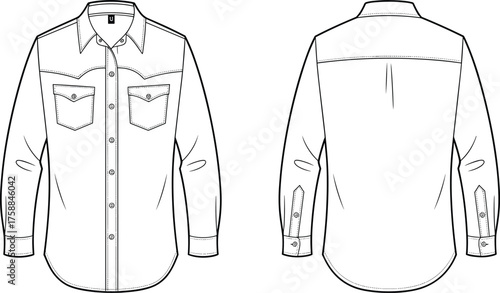 Technical fashion sketch, long sleeve shirt design, front and back view, button-up garment, apparel illustration, clothing template, vector drawing, flat sketch
