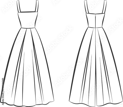 Technical fashion sketch, long sleeveless dress, square neckline, pleated full skirt, front and back view, garment construction, sewing pattern vector
