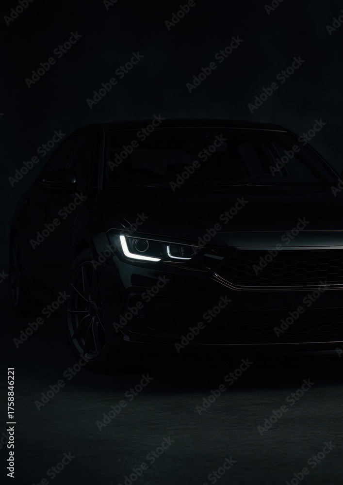 Obraz premium Sleek car with illuminated headlights.