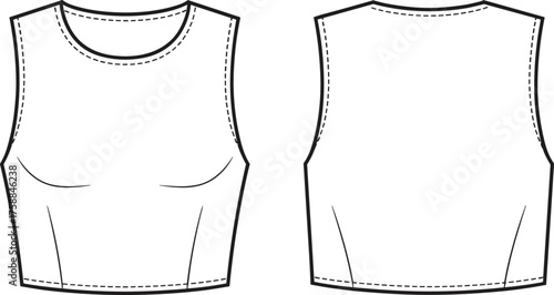Technical fashion sketch, sleeveless crop top, round neckline, bust darts, front and back view, garment construction, sewing pattern, vector illustration