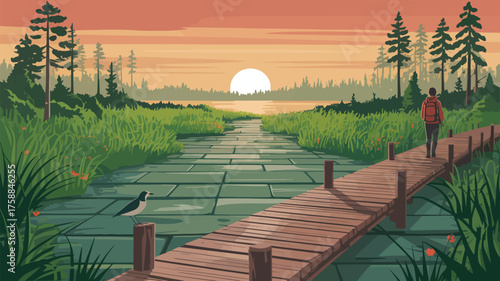 A scenic landscape featuring a hiker on a wooden path towards a lake at sunset with a bird nearby