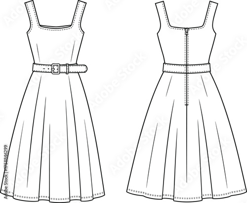 Technical fashion sketch, sleeveless dress with belt, square neckline, pleated flared skirt, front and back view, garment construction, sewing pattern vector