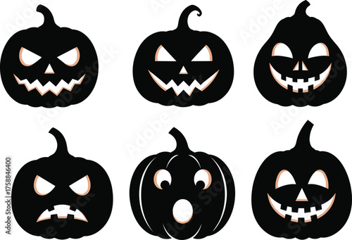 Halloween pumpkin silhouette set, spooky jack-o'-lantern faces, scary carved expressions, black vector icons, festive decoration, eerie clipart illustration
