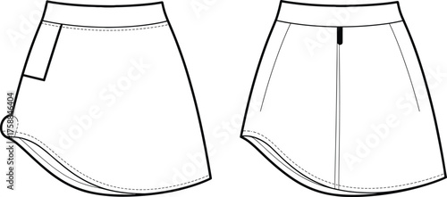 Vector fashion illustration of women’s wrap skort front and back view, technical flat sketch template, modern sporty skirt design for activewear