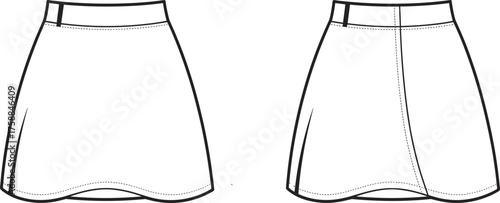 Vector flat sketch of women’s skort front and back view, curved hem design, technical fashion drawing, perfect for activewear or casual apparel