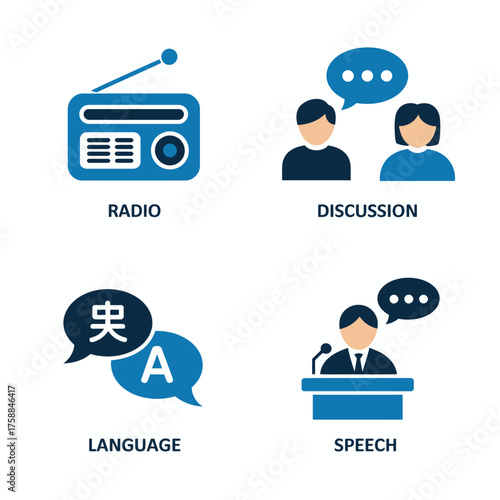 Communication & Media Icons Set: Radio, Discussion, Language & Speech Concept Illustration.
