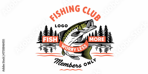 Fishing club logo with leaping bass fish pine trees and water elements