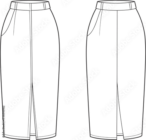 Vector technical flat sketch of women’s long pencil skirt with front slit, waistband and darts, front and back view fashion illustration