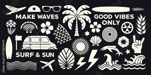 Collection of summer vacation and beach icons with motivational phrases make waves and good vibes only