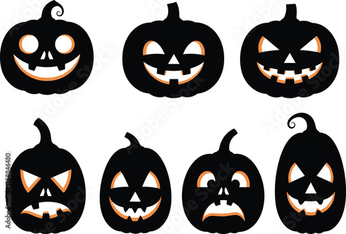 Halloween pumpkin silhouettes, spooky jack-o'-lantern faces, scary carved expressions, black vector icons, festive decoration, eerie design, October holiday clipart
