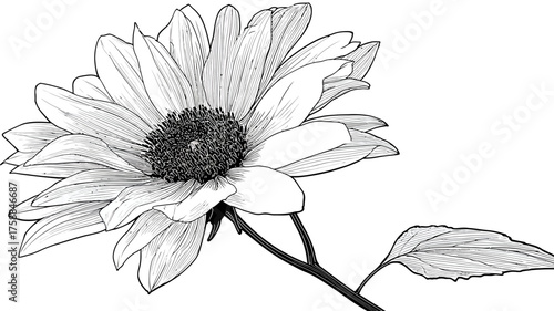 Elegant sunflower line art drawing, botanical illustration with intricate petals and central disk, detailed floral sketch in monochrome.