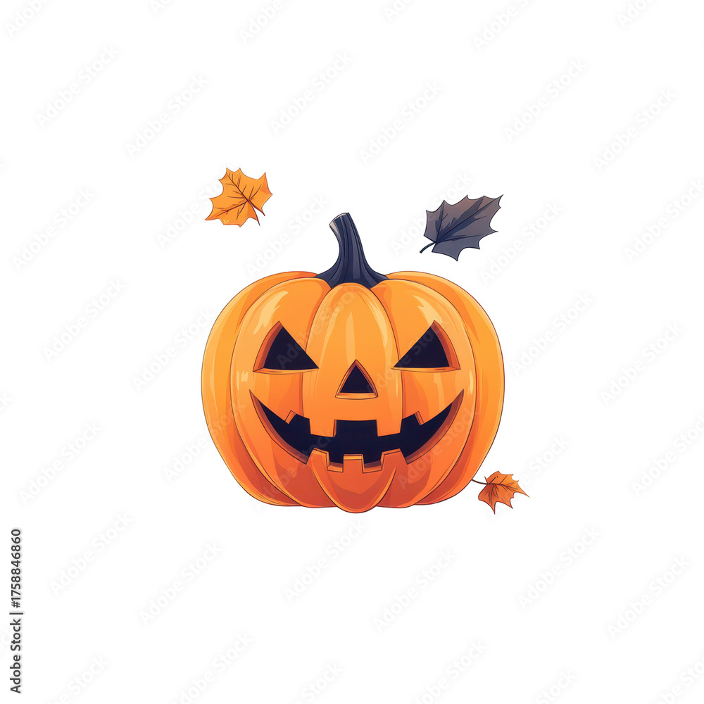 Fototapeta premium Spooky Pumpkin Carving: A vibrant orange pumpkin, carved into a sinister grin and accompanied by autumn leaves, captures the spirit of Halloween.