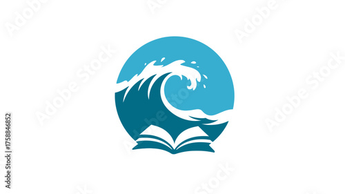 Abstract ocean wave breaking over an open book. Concept of learning, wisdom, environment, and fluid knowledge acquisition.