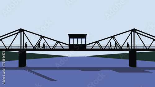 Silhouette of people walking on a bridge over water with a small building in the center view horizon