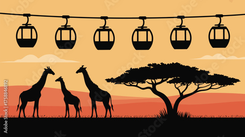 Silhouetted giraffes under cable cars with tree against a sunset landscape background scene view