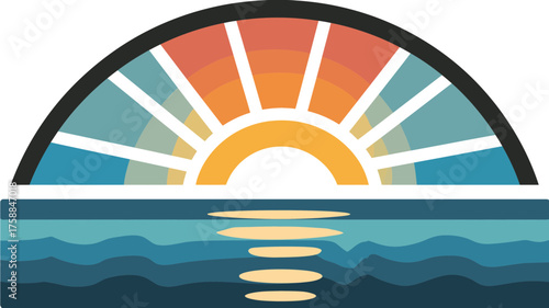 Vibrant abstract sunset or sunrise over calm ocean waves, digital illustration of a colorful sky and sea horizon, vector graphic design.