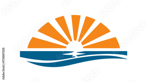 Stylized orange sunrise or sunset over blue ocean waves, radiating sun rays, minimalist graphic illustration, warm summer travel design icon