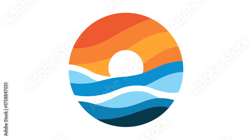 Stylized circular logo concept with abstract sunset over ocean waves and sun, featuring warm and cool gradients, nature emblem