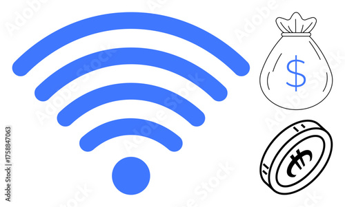 wireless signal symbolizing connectivity alongside a money bag and coin representing monetary gains. Ideal for fintech, online earning, digital economy, innovation, savings, wireless finance, simple