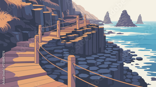 A scenic coastal path with hexagonal rock formations and ocean views under a bright sky landscape