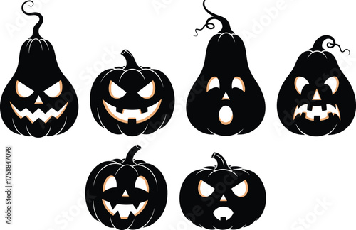 Halloween pumpkin silhouettes, spooky jack-o'-lantern faces, scary carved gourds, black vector icons, festive decoration, creepy emotion expressions, holiday clipart