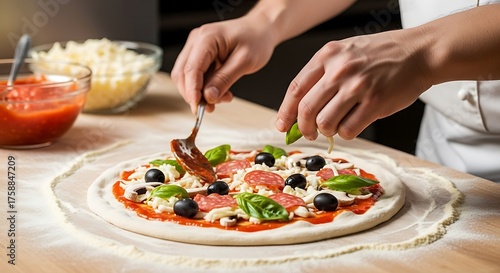 A chef prepares a pizza by spreading tomato sauce and adding toppings like olives, salami, and basil, showcasing the art of pizza making