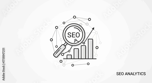 A magnifying glass inspects a growing bar chart with "SEO" visible, network lines connect dots
