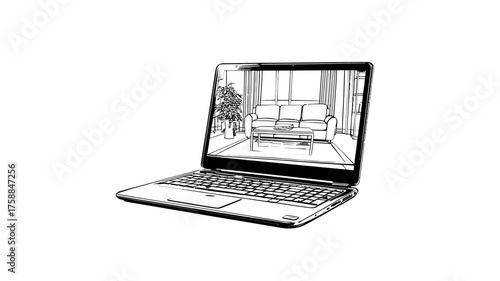 Digital Interior Design Concept: Laptop Displaying Hand-Drawn Living Room Sketch, Home Decor Planning & Renovation Illustration