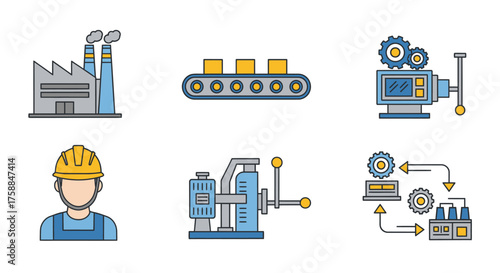 Industrial icons factory, worker, conveyor, machinery, gears, process flow