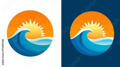 Stylized ocean wave and sun icon design, abstract summer beach landscape logo, vibrant graphic illustration of sea and sky