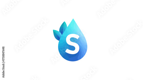 Modern stylized blue water droplet icon with vibrant green leaves and white letter S, representing nature, freshness, purity, and eco-friendly concepts.
