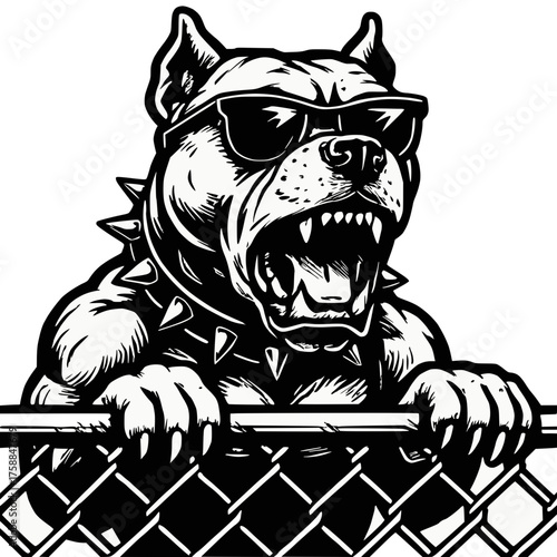 Muscular Pit Bull Growling with Sunglasses and Spiked Collar in Black and White Line Art