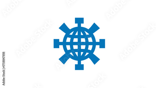 Abstract blue globe icon with interconnected gear elements on a white background, symbolizing global technology, network, and communication.