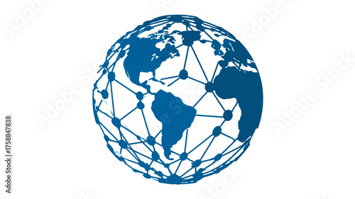 Abstract Global Network Connectivity Icon. Blue Earth Sphere with Interconnected Dots and Lines representing Digital Technology and Communication.