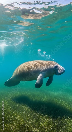 A serene manatee glides gracefully through crystal-clear turquoise water, surrounded by vibrant underwater grass.