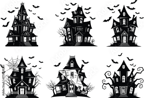 Haunted house illustration, spooky Halloween scene, eerie architecture, bats, spider web, creepy trees, silhouette style, scary mansion, dark night, horror theme