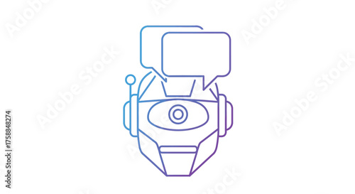 A minimalist robot head with two speech bubbles, rendered in a gradient of blue to purple